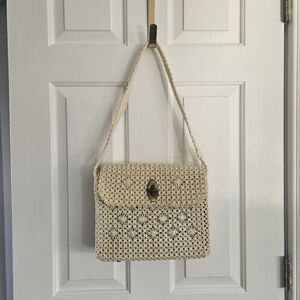 Vintage Straw Shoulder Bag With Brass Turnlock Closure